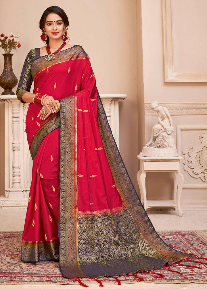 Crimson Red Woven Banarasi Silk Saree with Overall Butti work | Stitched Blouse - qivii