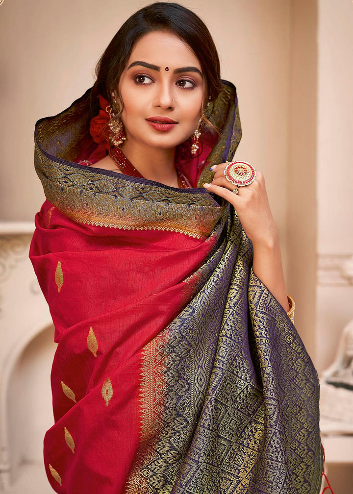 Crimson Red Woven Banarasi Silk Saree with Overall Butti work | Stitched Blouse - qivii