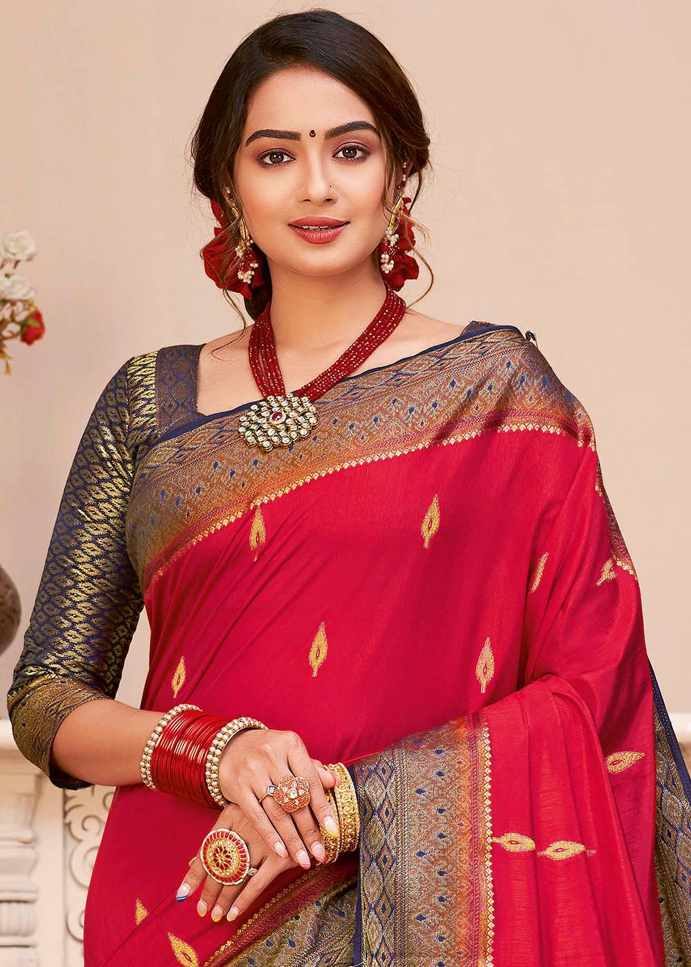 Crimson Red Woven Banarasi Silk Saree with Overall Butti work | Stitched Blouse - qivii