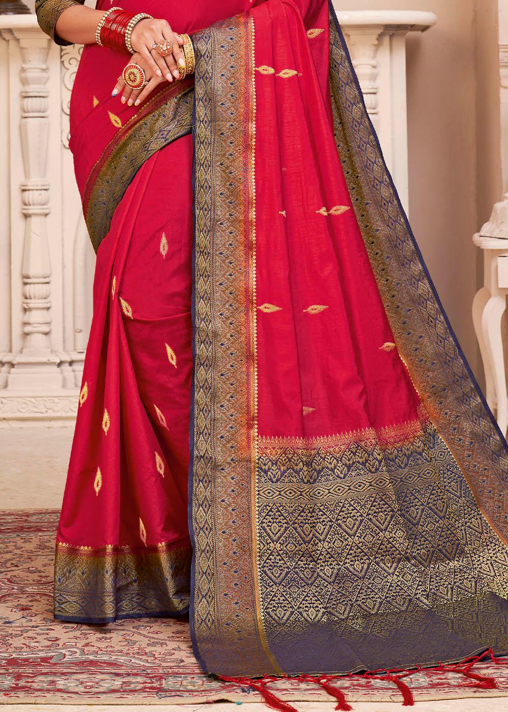 Crimson Red Woven Banarasi Silk Saree with Overall Butti work | Stitched Blouse - qivii