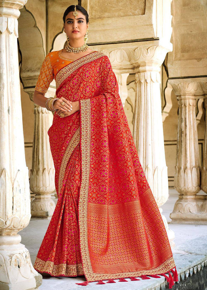 Crimson Red Woven Dola Silk Saree with Embroidered Blouse | Stitched Blouse - qivii