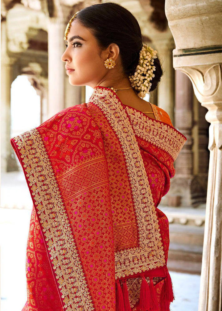 Crimson Red Woven Dola Silk Saree with Embroidered Blouse | Stitched Blouse - qivii