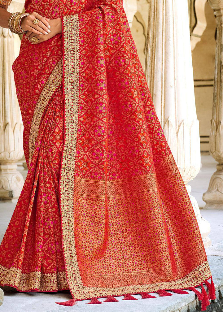 Crimson Red Woven Dola Silk Saree with Embroidered Blouse | Stitched Blouse - qivii