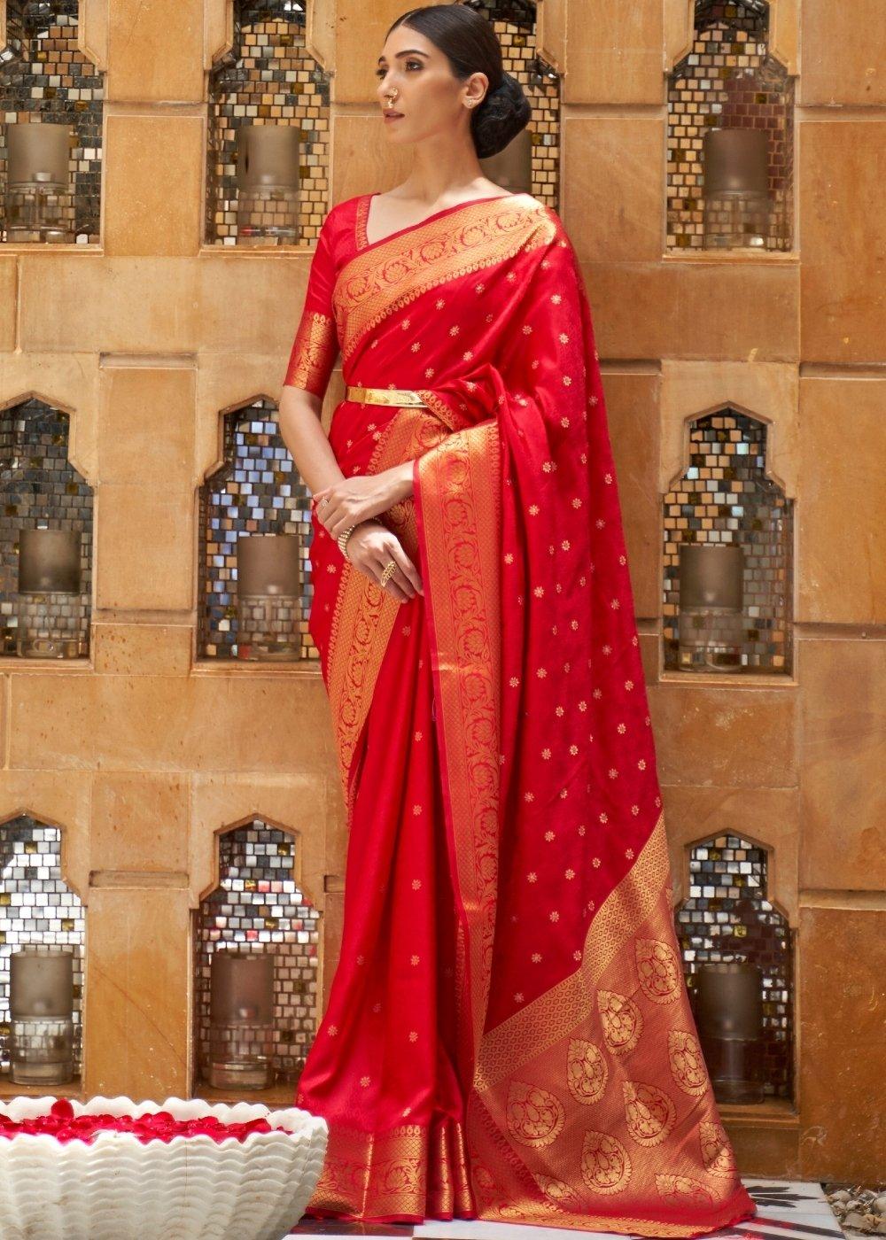 Crimson Red Woven Kanjivaram Silk Saree : Top Pick | Stitched Blouse - qivii