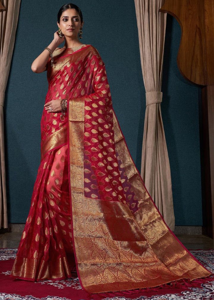 Crimson Red Woven Organza Saree - qivii