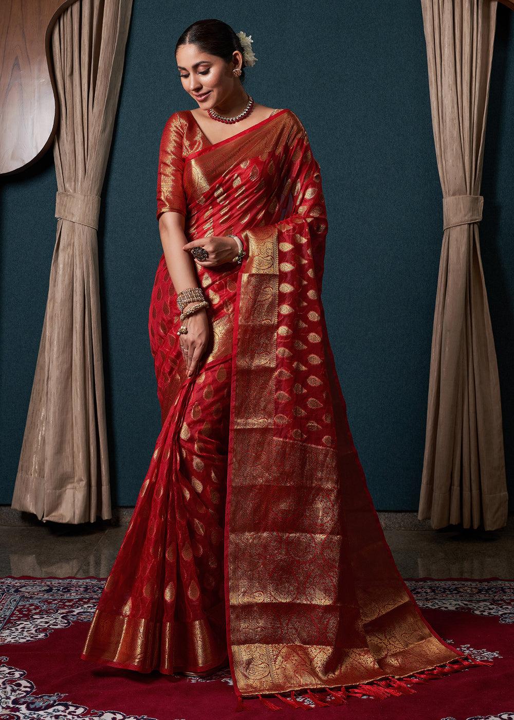 Crimson Red Woven Organza Saree - qivii