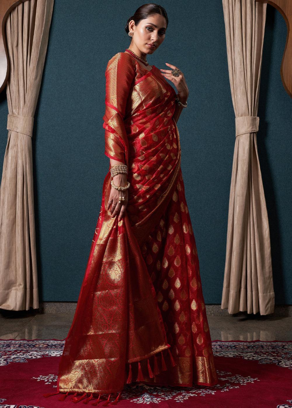 Crimson Red Woven Organza Saree - qivii