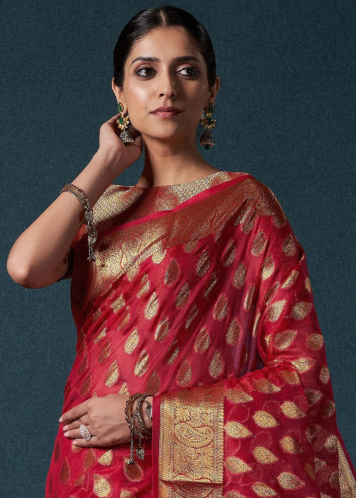 Crimson Red Woven Organza Saree - qivii