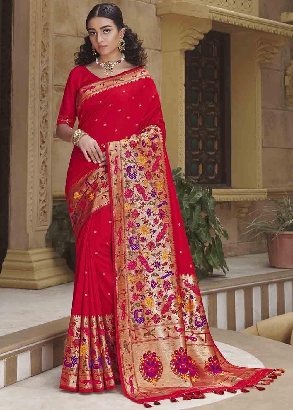 Crimson Red Woven Paithani Banarasi Silk Saree | Stitched Blouse - qivii