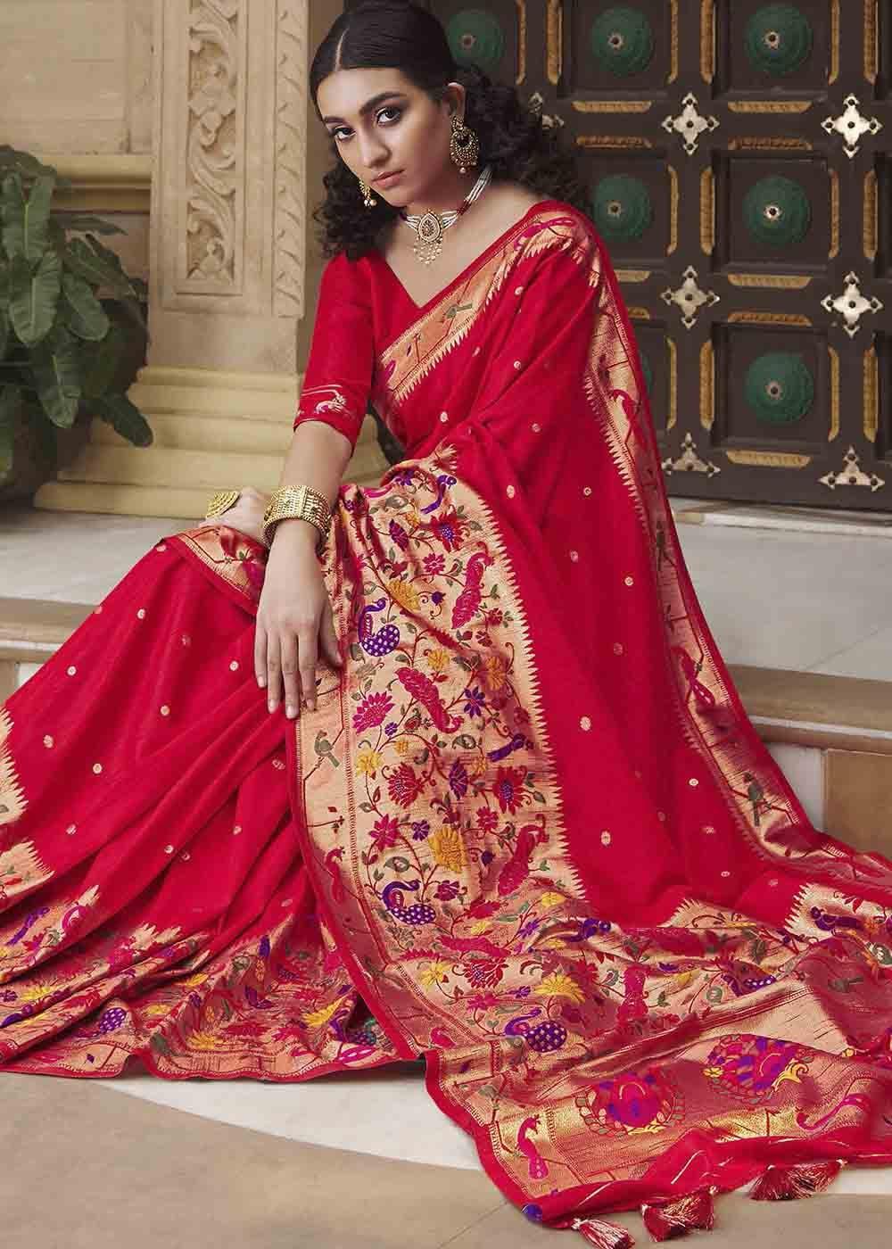 Crimson Red Woven Paithani Banarasi Silk Saree | Stitched Blouse - qivii