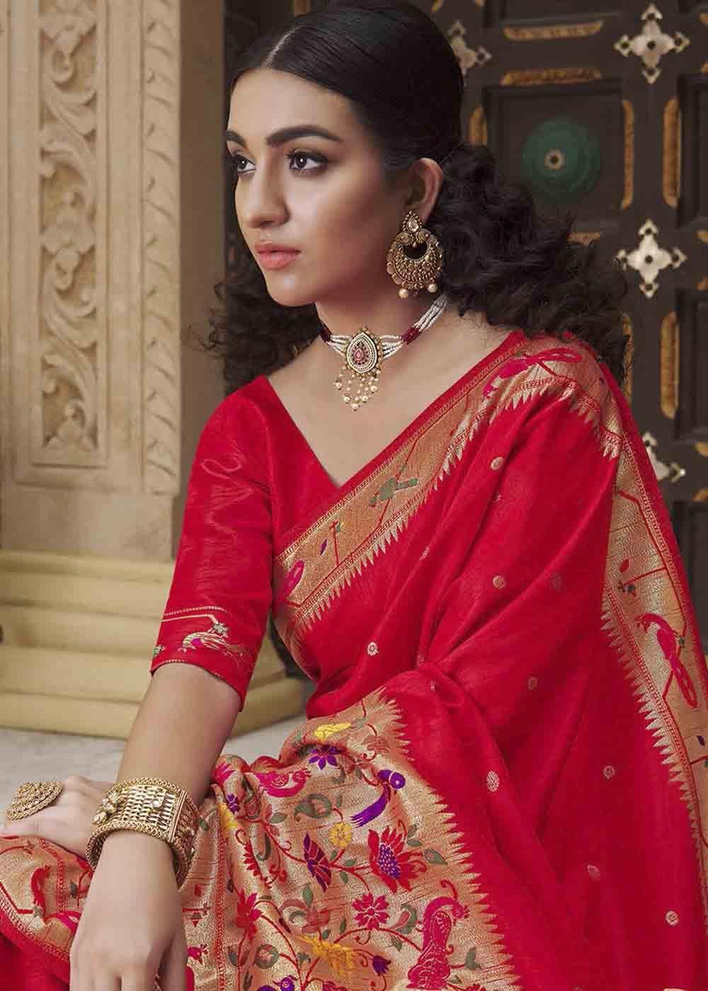 Crimson Red Woven Paithani Banarasi Silk Saree | Stitched Blouse - qivii