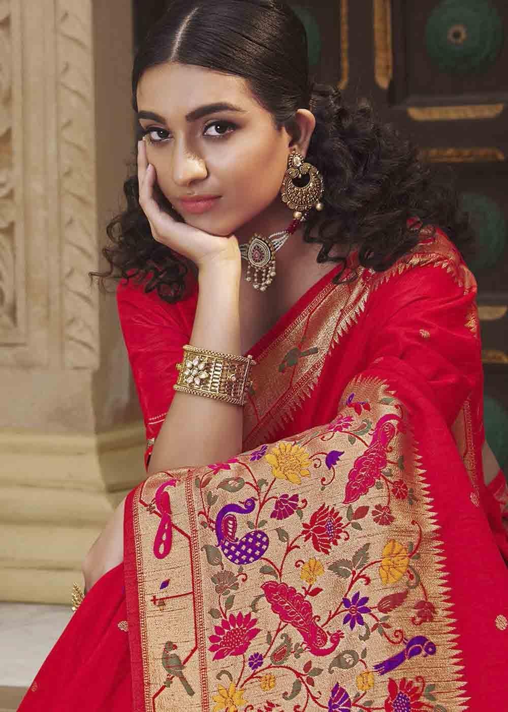 Crimson Red Woven Paithani Banarasi Silk Saree | Stitched Blouse - qivii