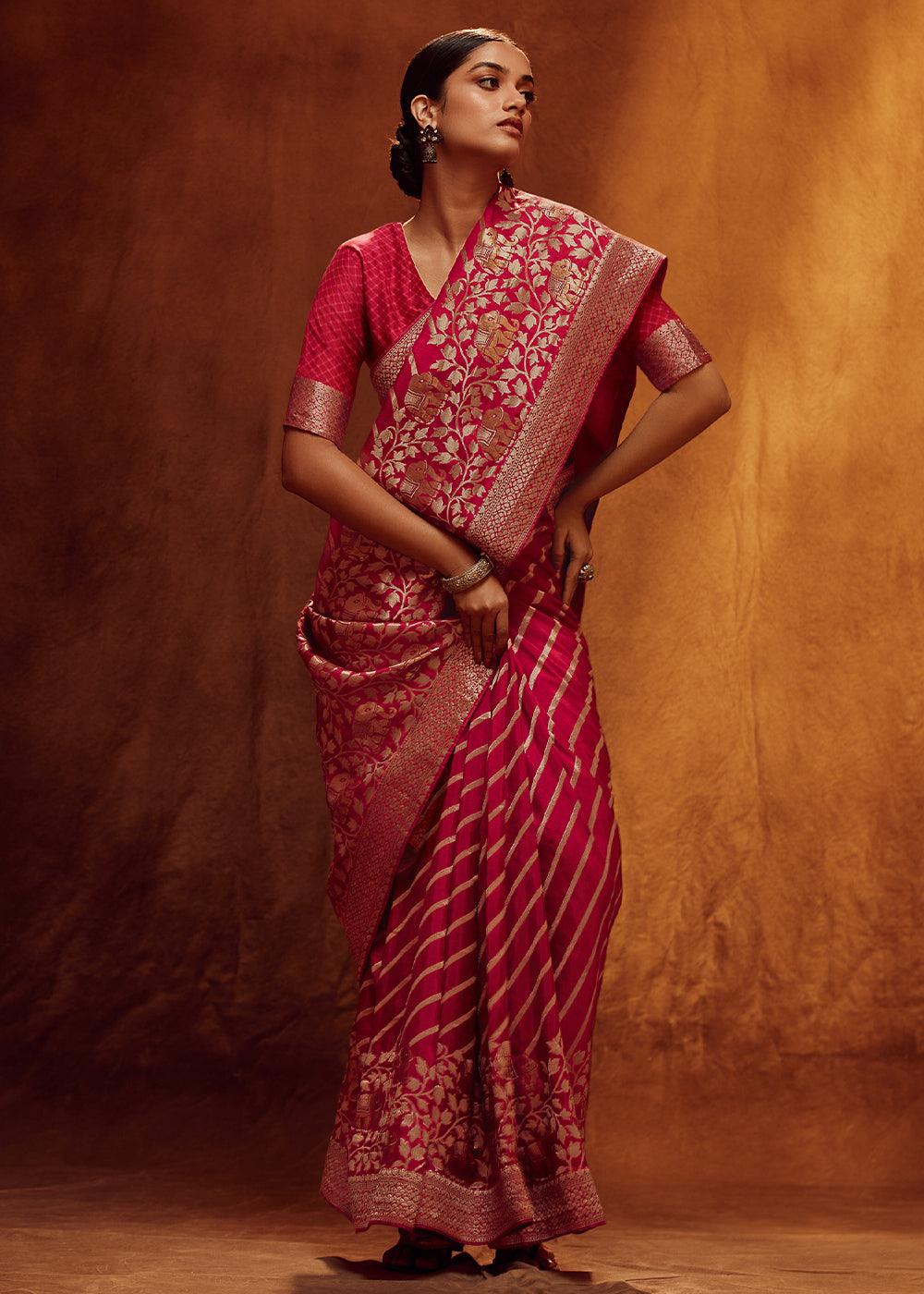 Crimson Red Woven Viscose Silk Saree - qivii