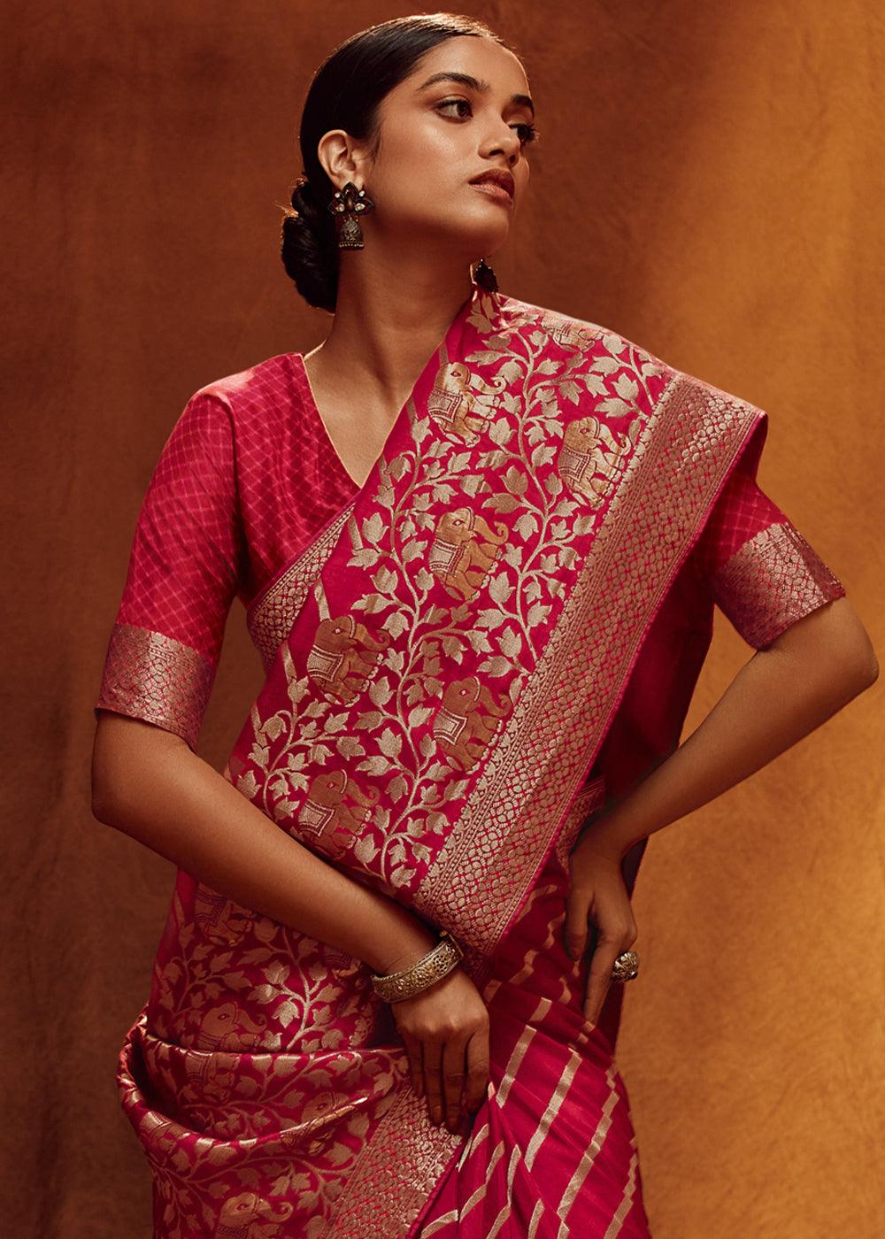 Crimson Red Woven Viscose Silk Saree - qivii