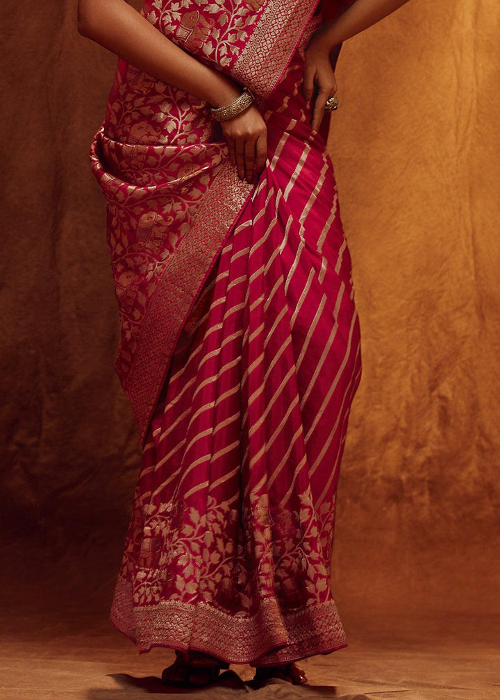 Crimson Red Woven Viscose Silk Saree - qivii