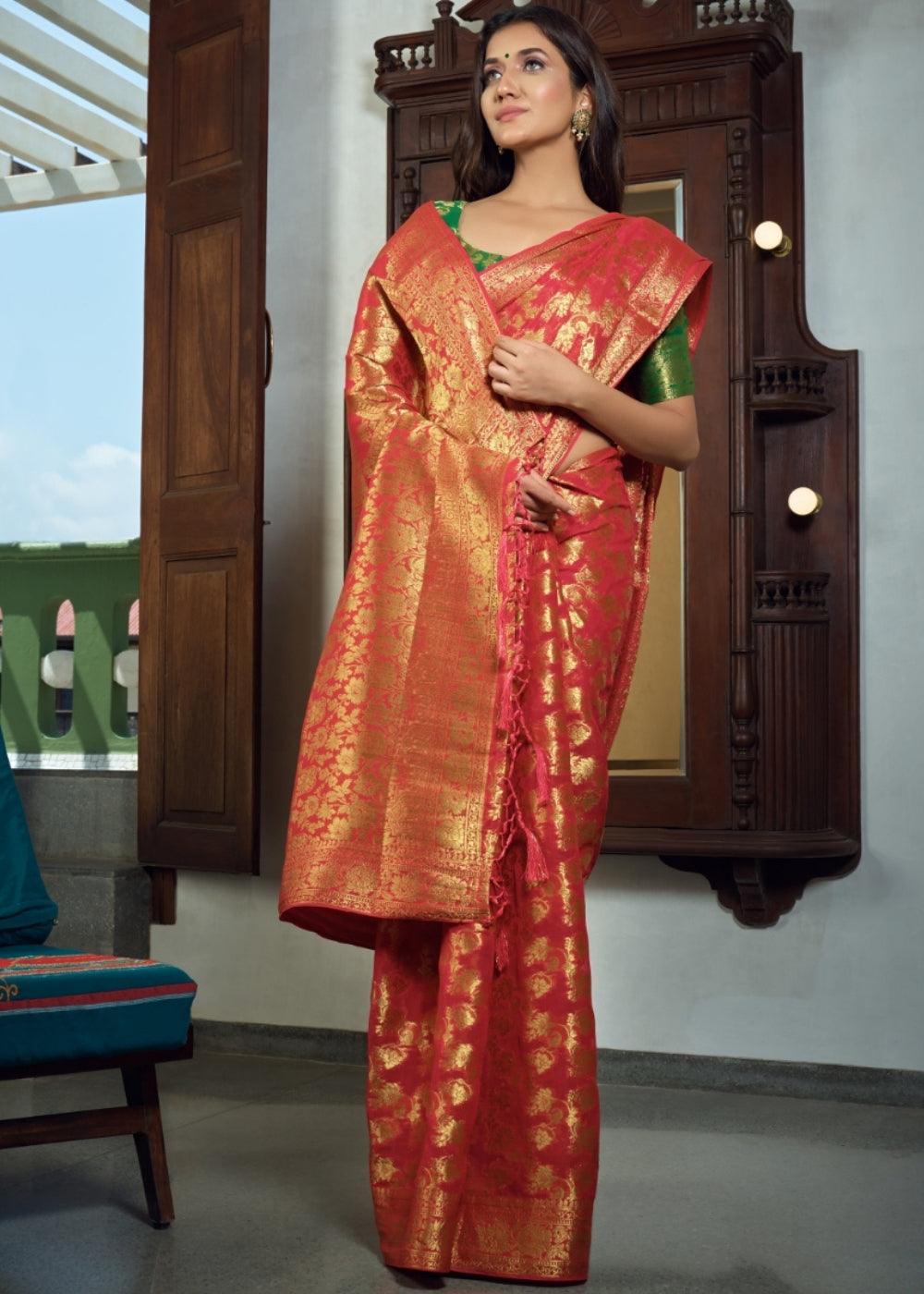 Crimson Red Zari Woven Chiffon Silk Saree | Stitched Blouse - qivii