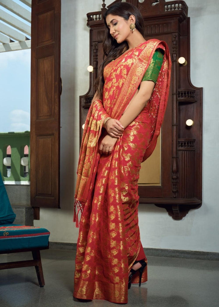 Crimson Red Zari Woven Chiffon Silk Saree | Stitched Blouse - qivii