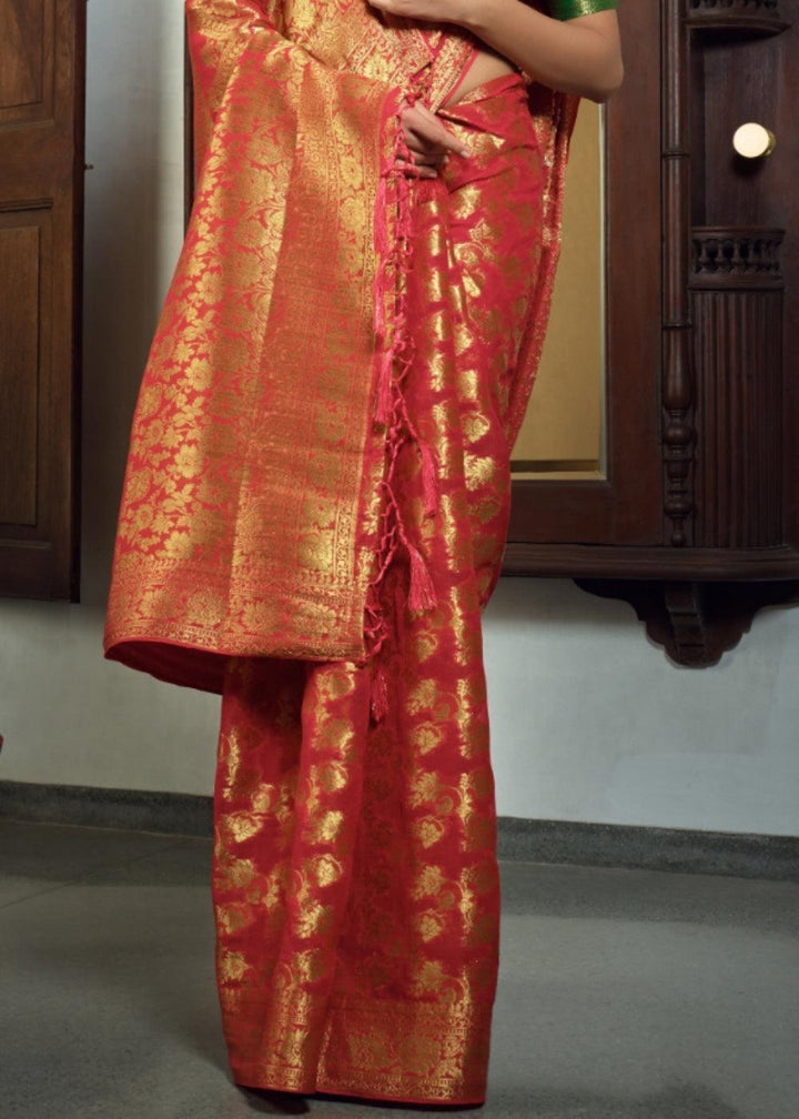 Crimson Red Zari Woven Chiffon Silk Saree | Stitched Blouse - qivii