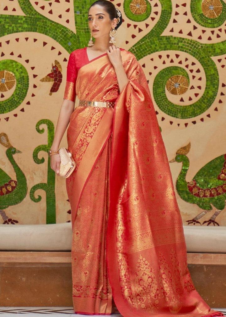 Crimson Red Zari Woven Kanjivaram Silk Saree | Stitched Blouse - qivii