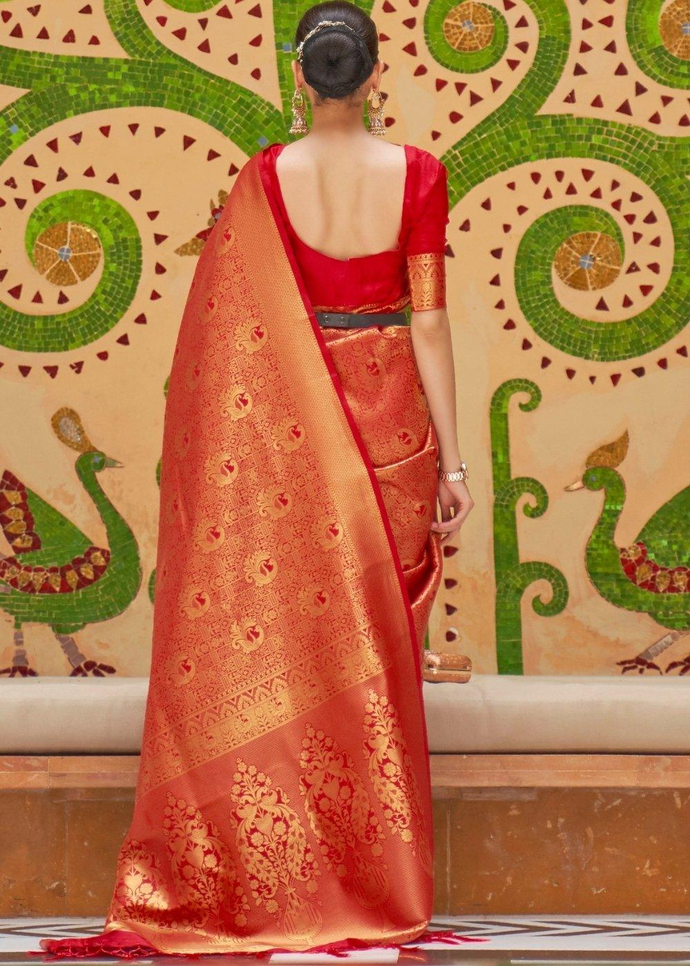 Crimson Red Zari Woven Kanjivaram Silk Saree | Stitched Blouse - qivii