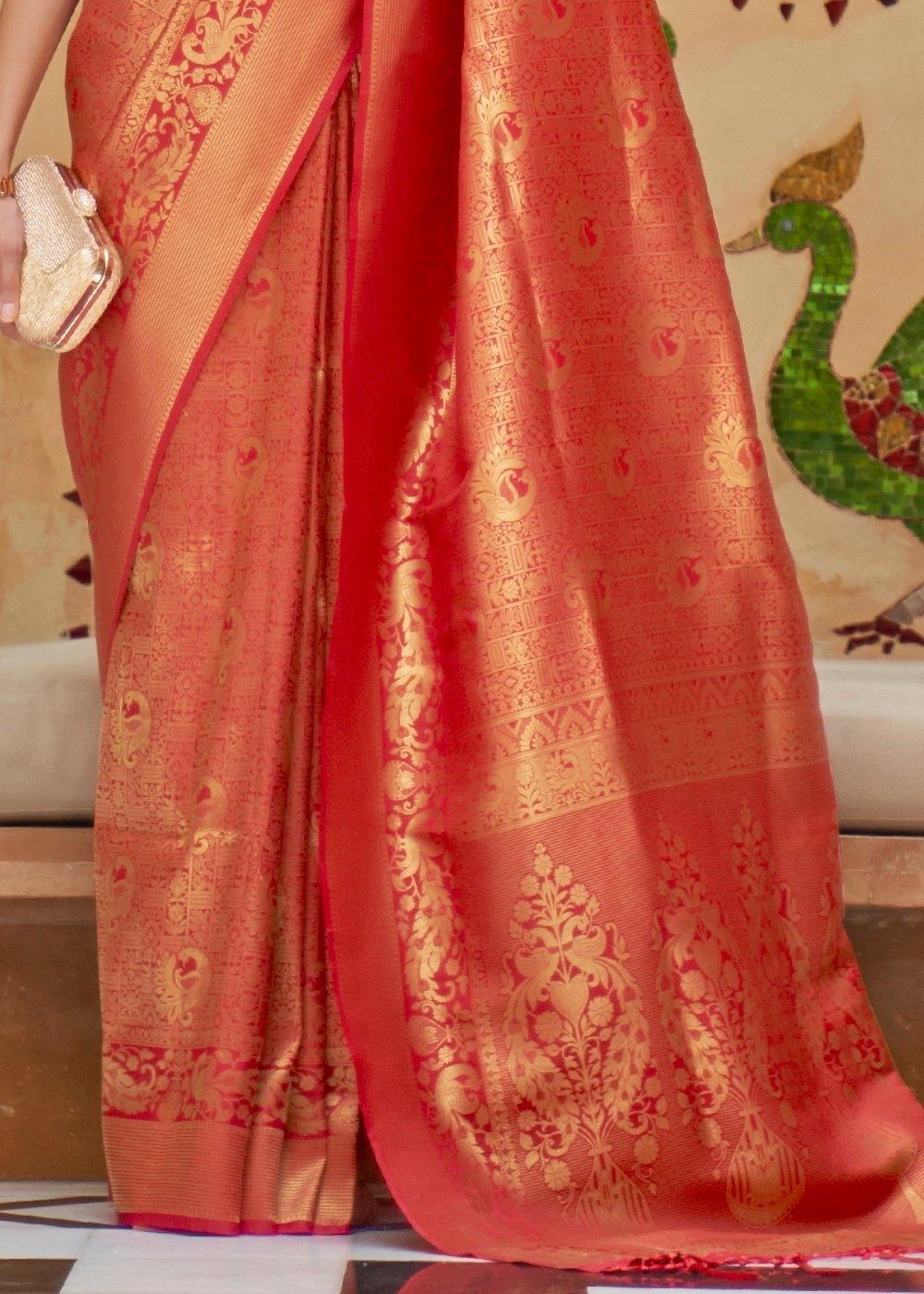 Crimson Red Zari Woven Kanjivaram Silk Saree | Stitched Blouse - qivii