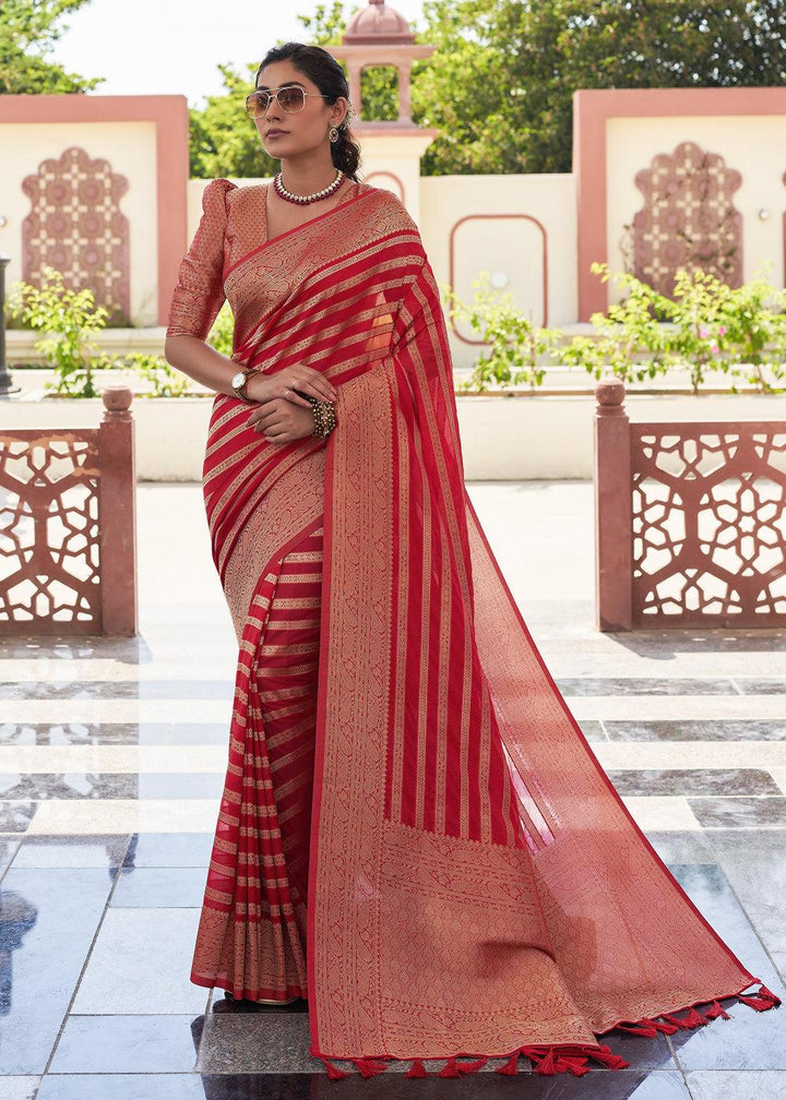 Crimson Red Zari Woven Leheriya Georgette Saree - qivii