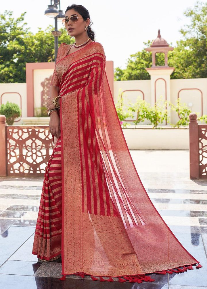 Crimson Red Zari Woven Leheriya Georgette Saree - qivii