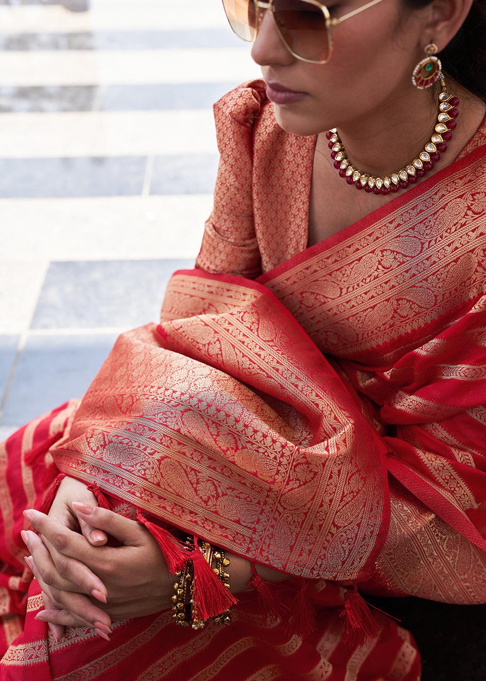 Crimson Red Zari Woven Leheriya Georgette Saree - qivii