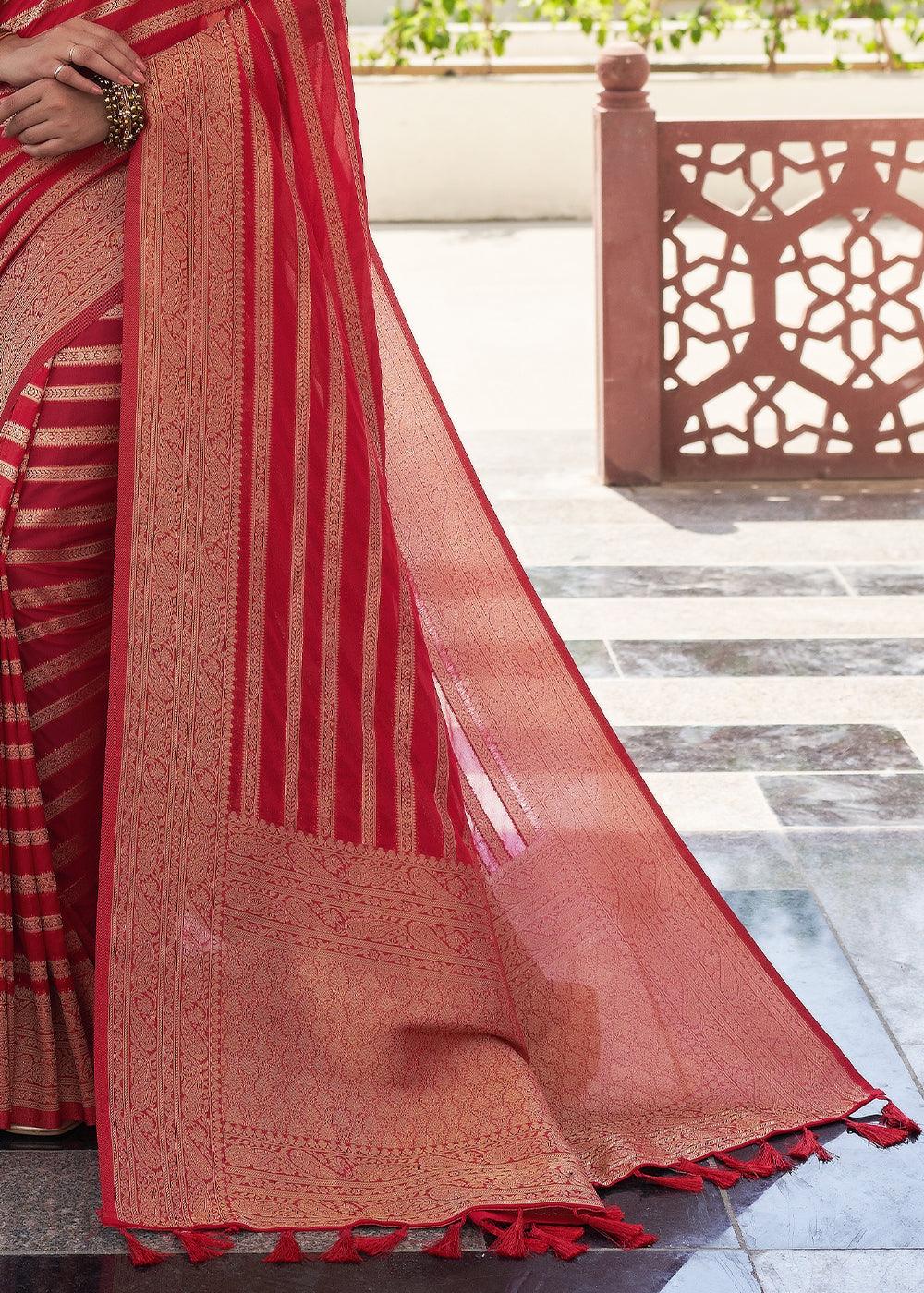 Crimson Red Zari Woven Leheriya Georgette Saree - qivii