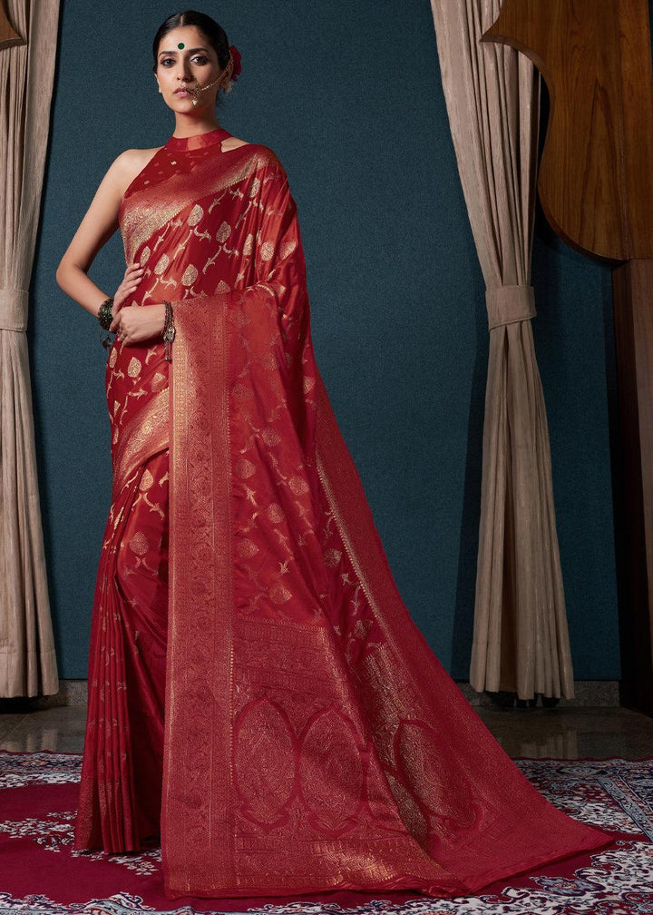 Crimson Red Zari Woven Satin Silk Saree - qivii