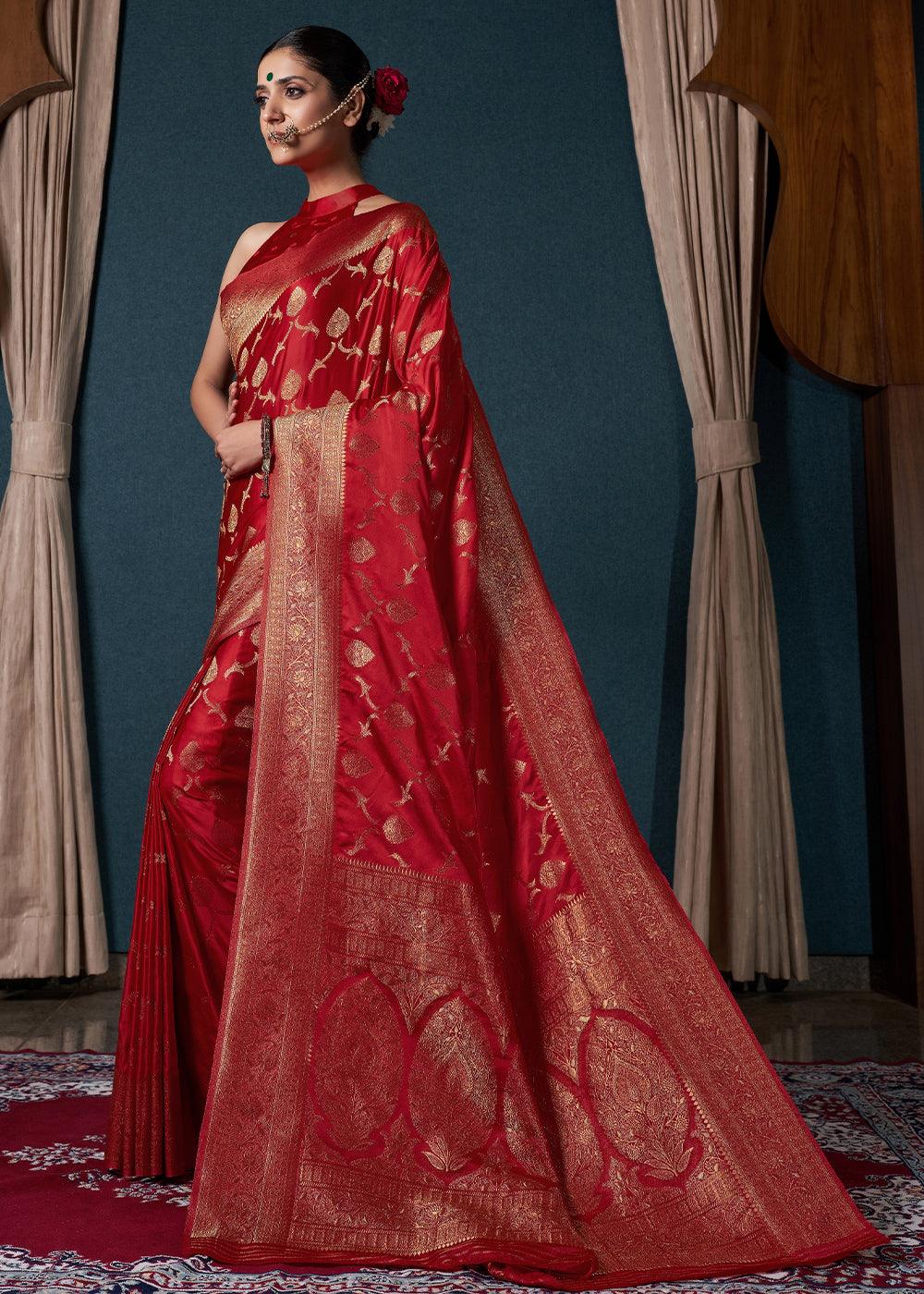 Crimson Red Zari Woven Satin Silk Saree - qivii