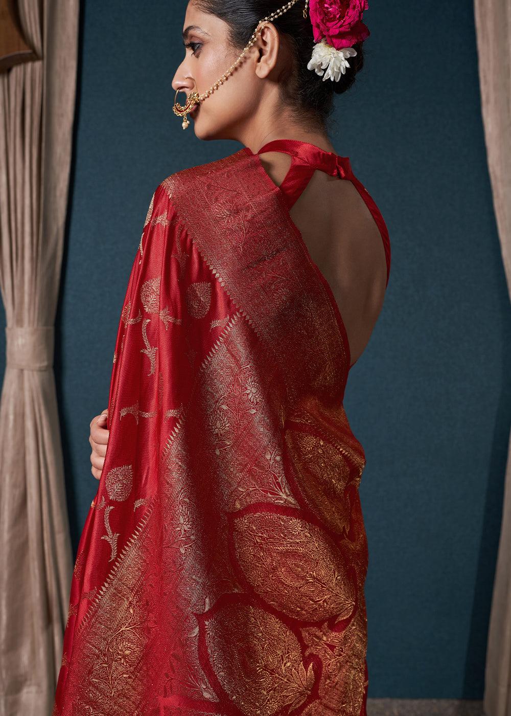 Crimson Red Zari Woven Satin Silk Saree - qivii