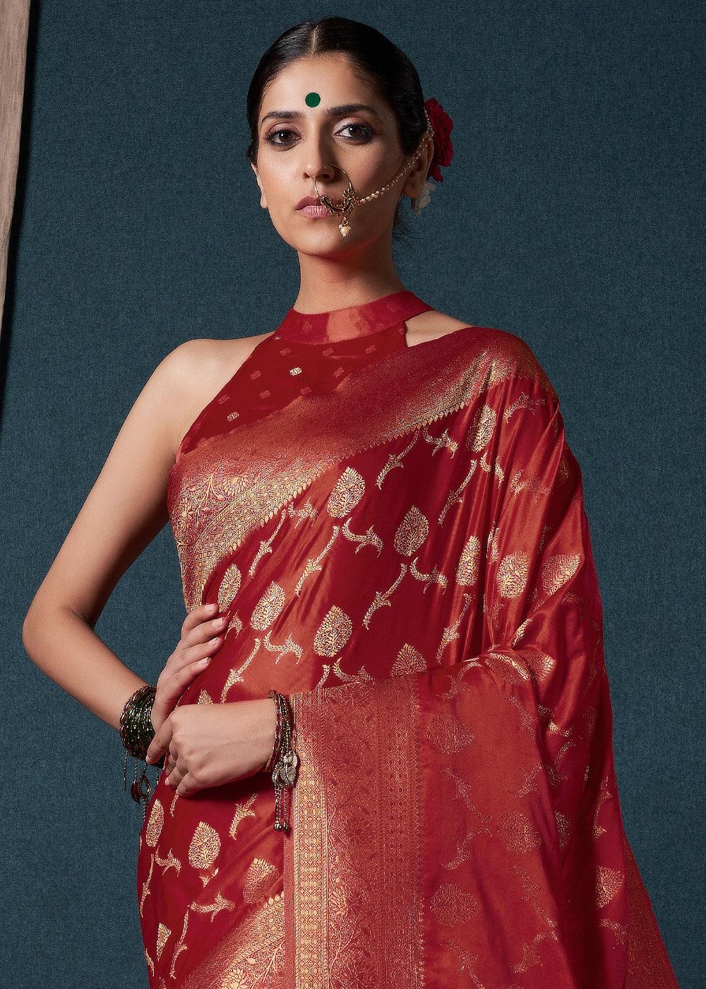 Crimson Red Zari Woven Satin Silk Saree - qivii