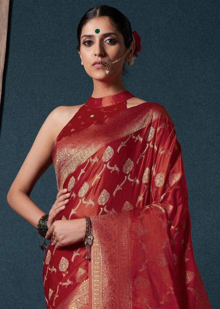 Crimson Red Zari Woven Satin Silk Saree - qivii