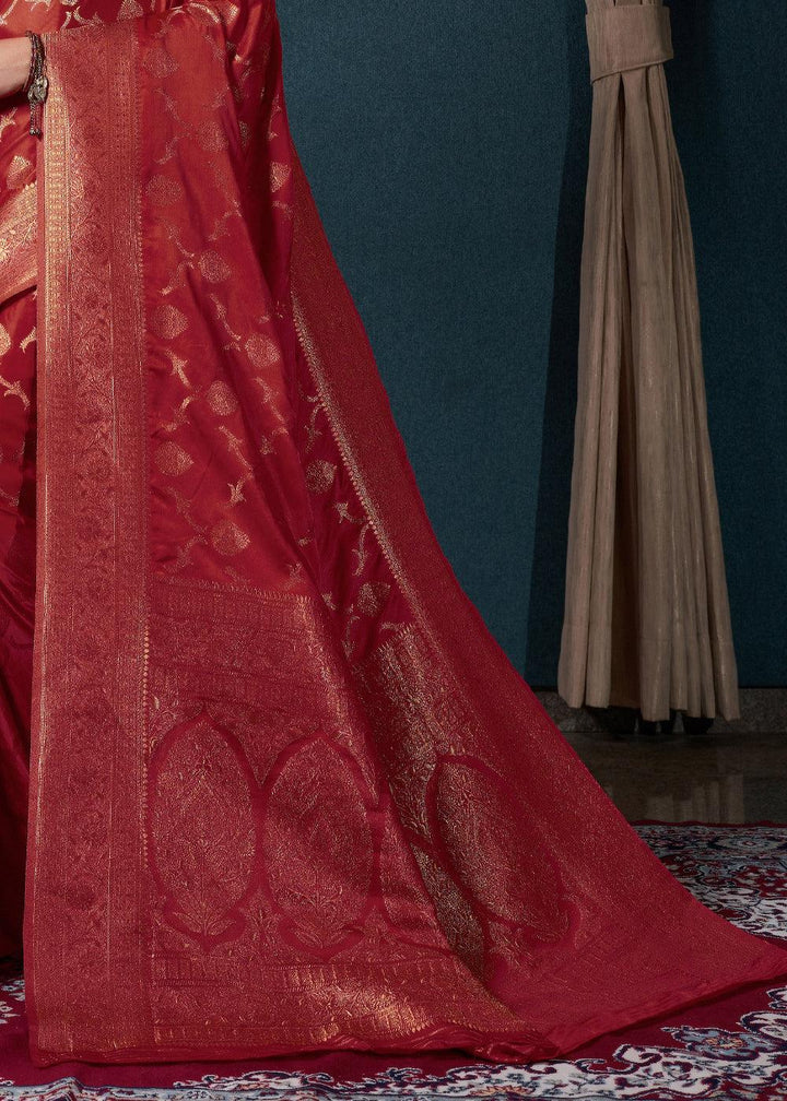 Crimson Red Zari Woven Satin Silk Saree - qivii