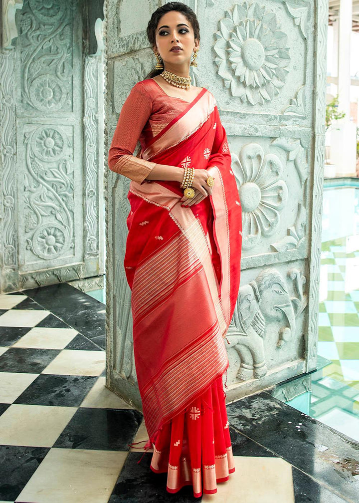 Crimson Red Zari Woven Tussar Silk Saree | Stitched Blouse - qivii