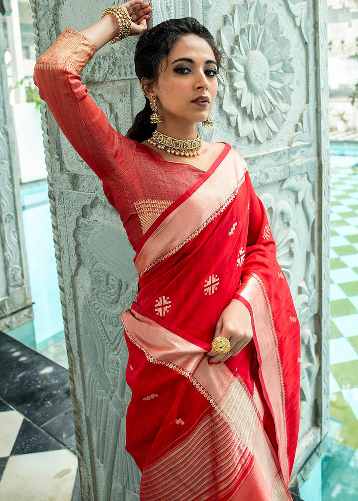 Crimson Red Zari Woven Tussar Silk Saree | Stitched Blouse - qivii