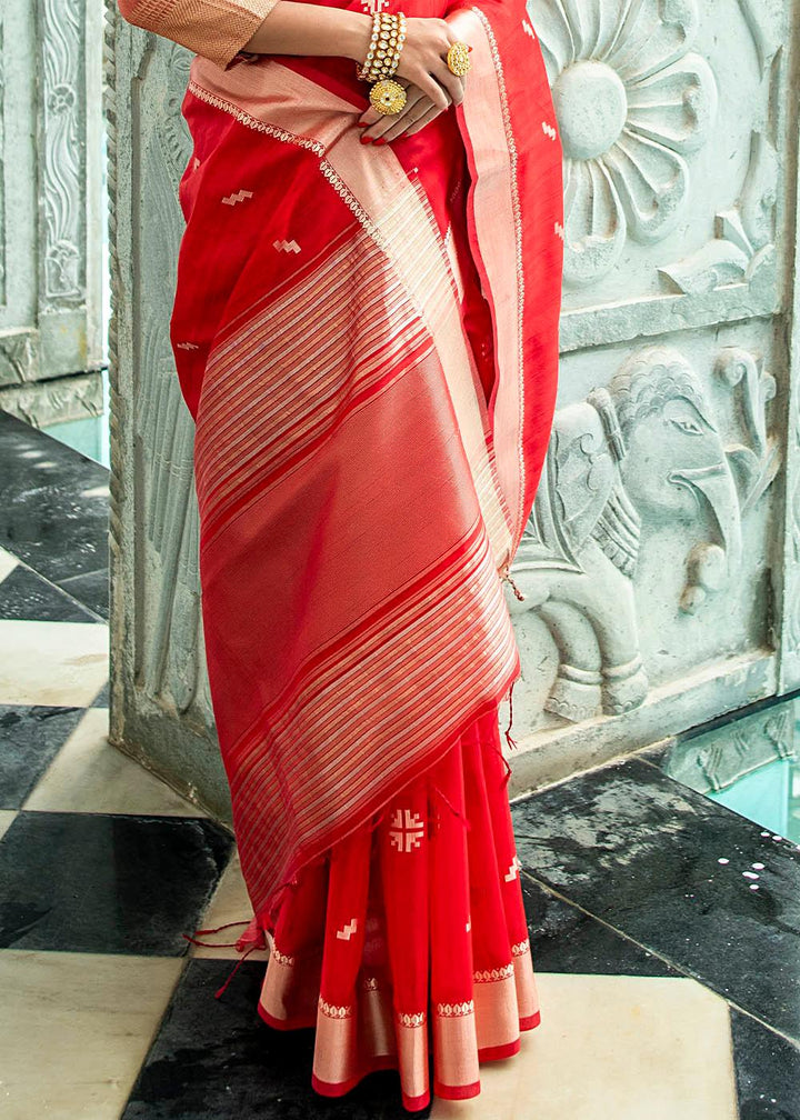 Crimson Red Zari Woven Tussar Silk Saree | Stitched Blouse - qivii