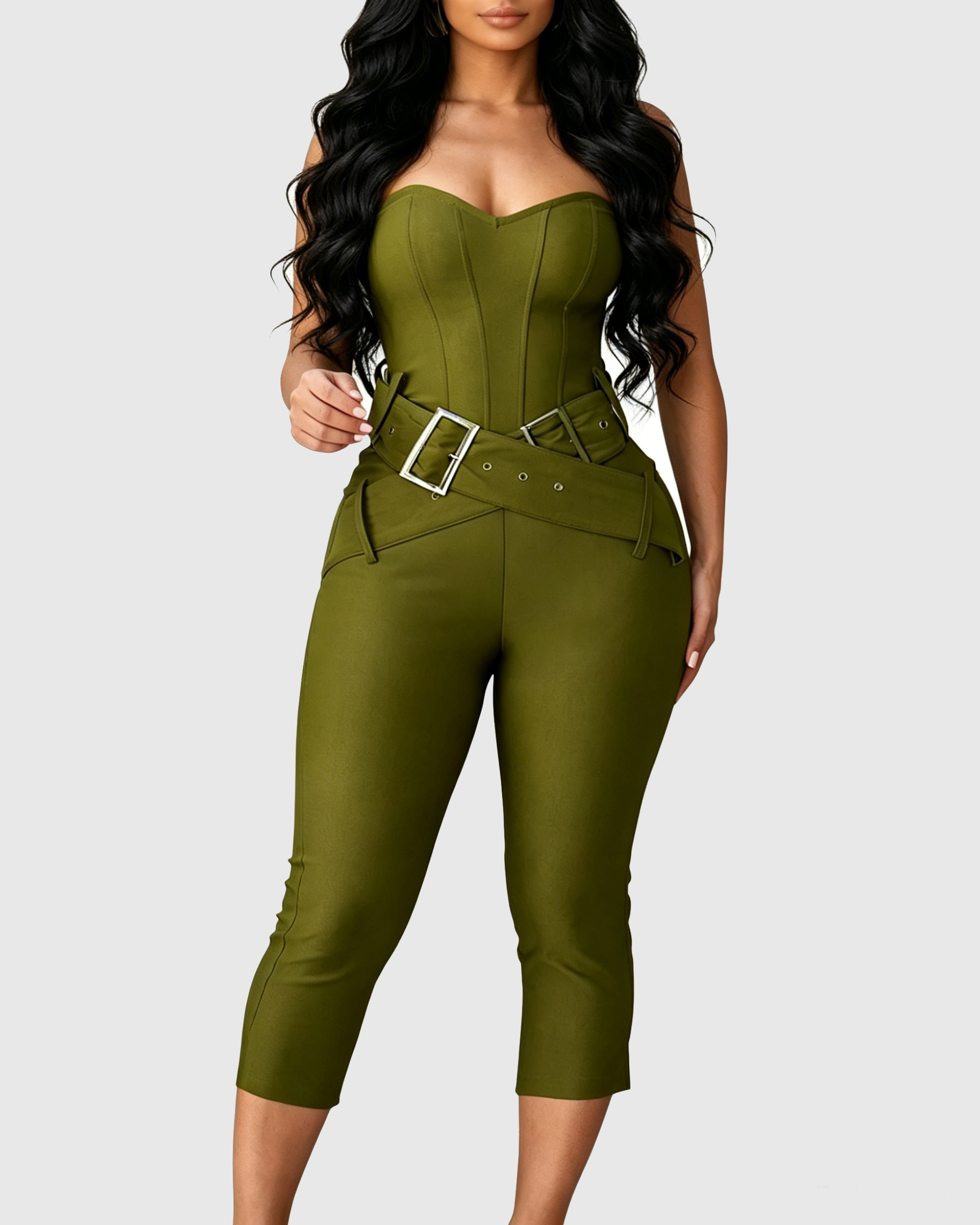 Sweetheart Strapless Capri Jumpsuit with Belt  - By Qivii