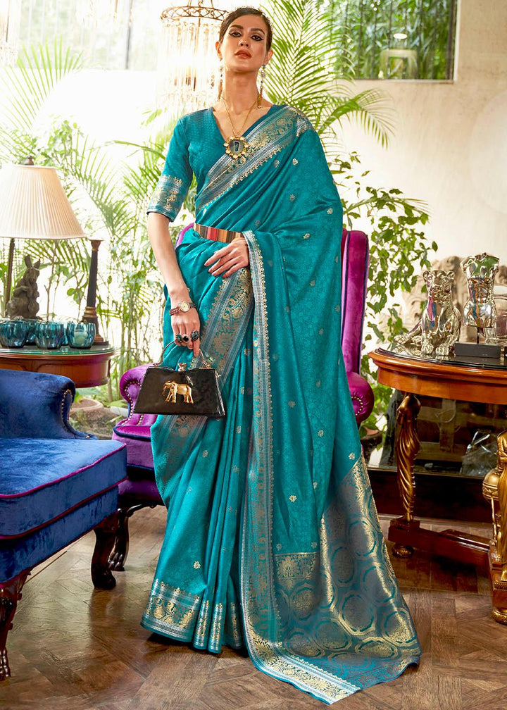 Curious Blue Kanjivaram Silk Saree Woven with Silver & Golden Zari | Stitched Blouse - qivii