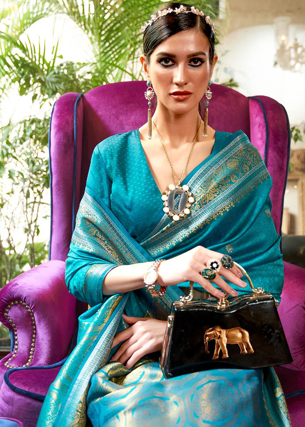 Curious Blue Kanjivaram Silk Saree Woven with Silver & Golden Zari | Stitched Blouse - qivii