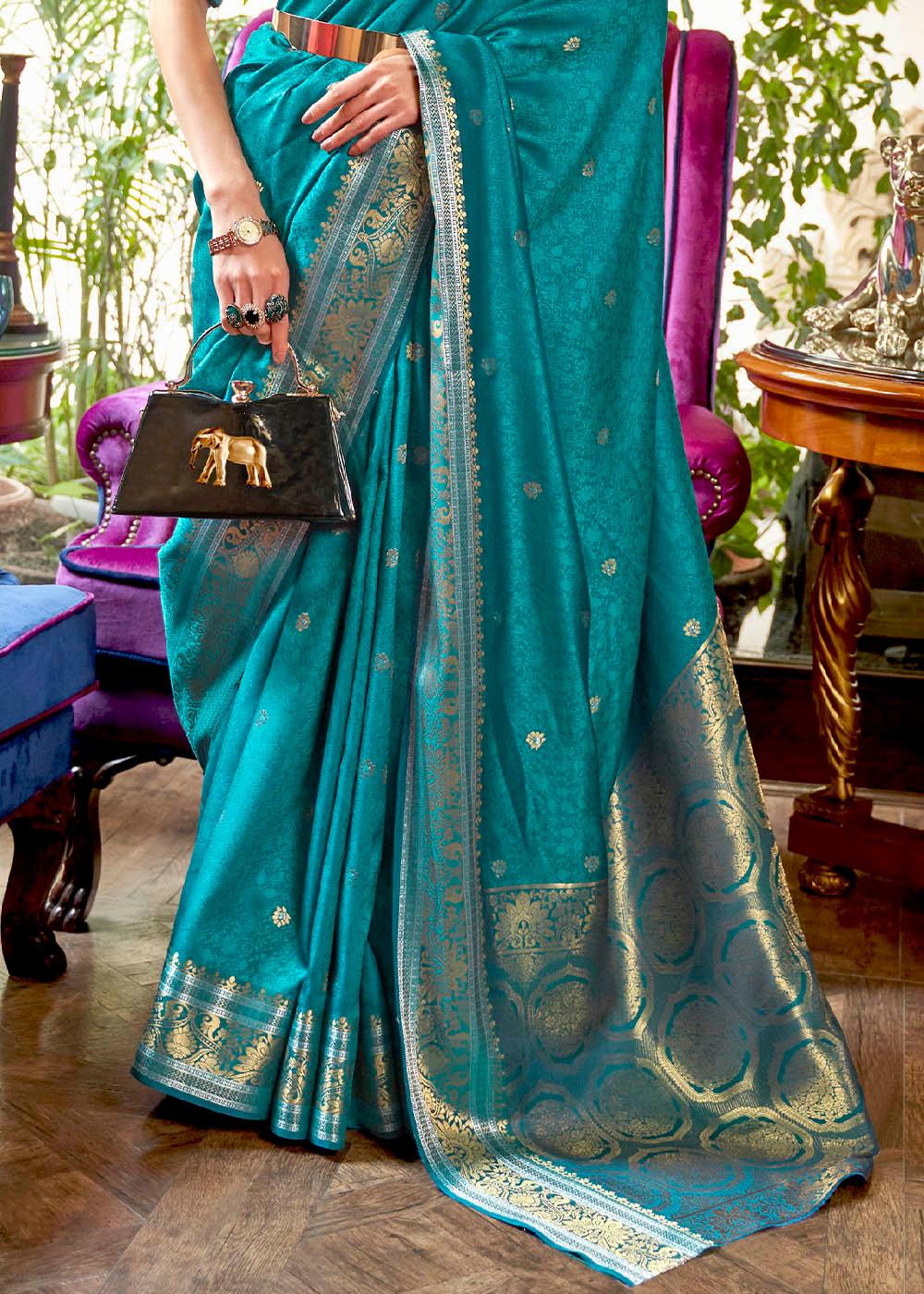 Curious Blue Kanjivaram Silk Saree Woven with Silver & Golden Zari | Stitched Blouse - qivii