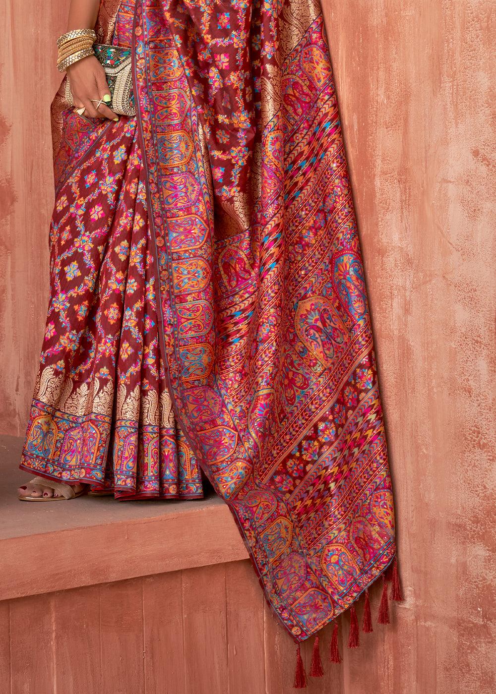 Currant Red Banarasi Kora Silk Saree with Pashmina Weaving & Zari Border Pallu | Stitched Blouse - qivii