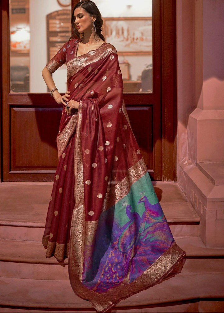 Currant Red Woven Chanderi Banarasi Fusion Silk Saree | Stitched Blouse - qivii