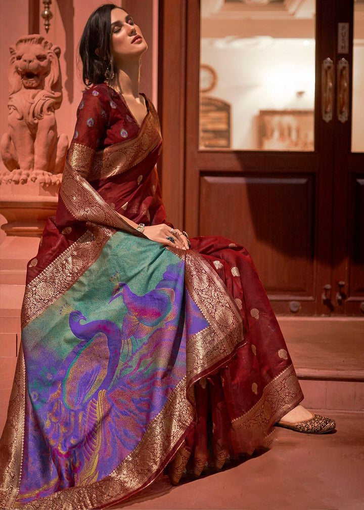 Currant Red Woven Chanderi Banarasi Fusion Silk Saree | Stitched Blouse - qivii