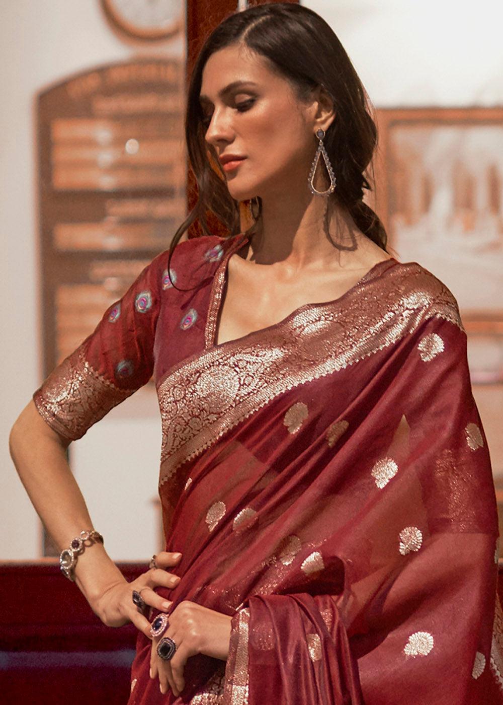 Currant Red Woven Chanderi Banarasi Fusion Silk Saree | Stitched Blouse - qivii