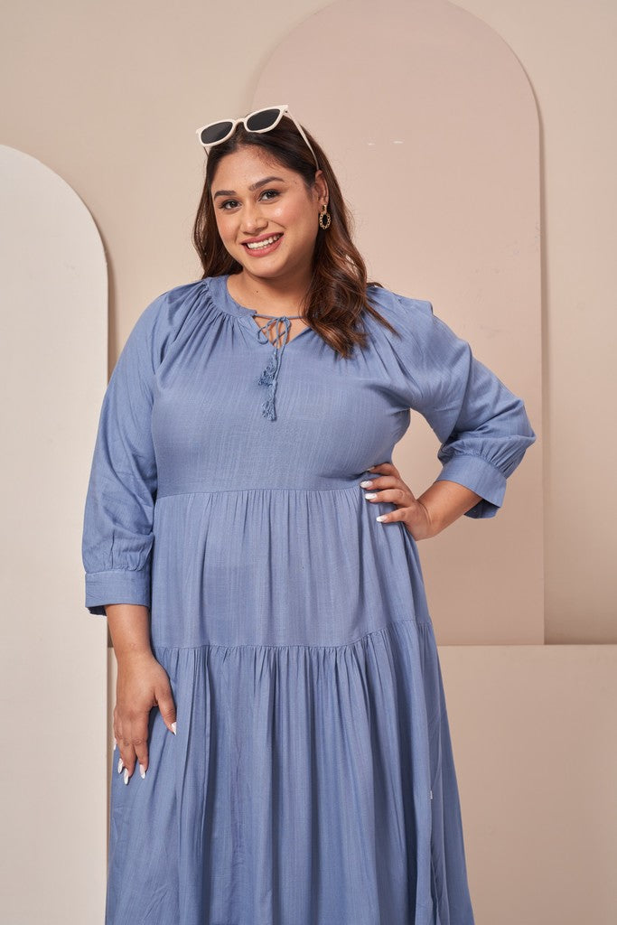 Cotton Tiered A-Line Dress (Blue)