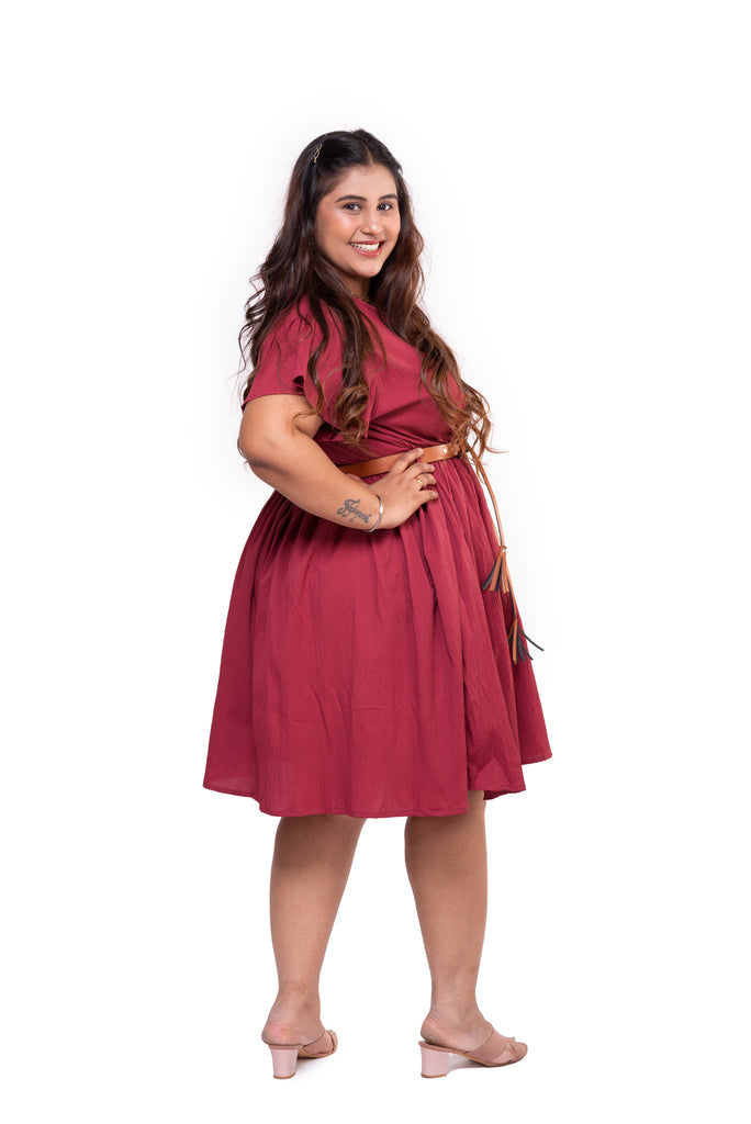 Summer Mini Dress with Belt (Maroon)