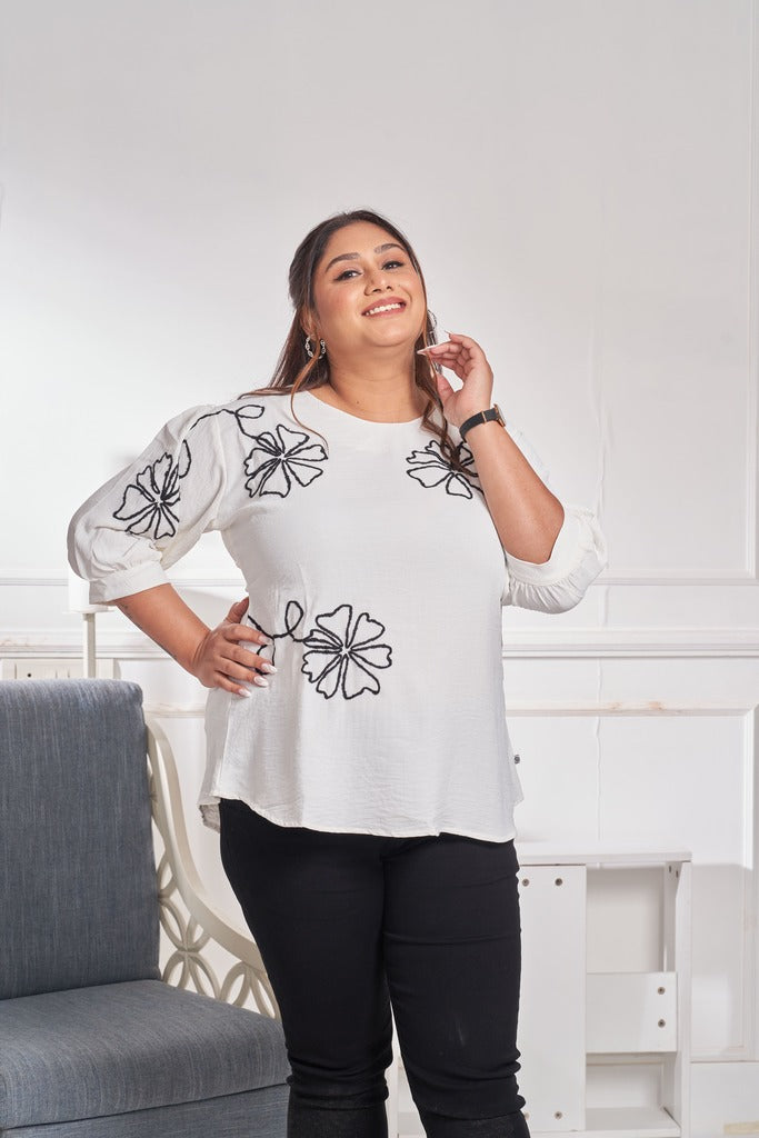 Floral Embroidered Cotton Top (White)