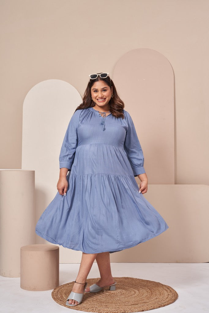 Cotton Tiered A-Line Dress (Blue)